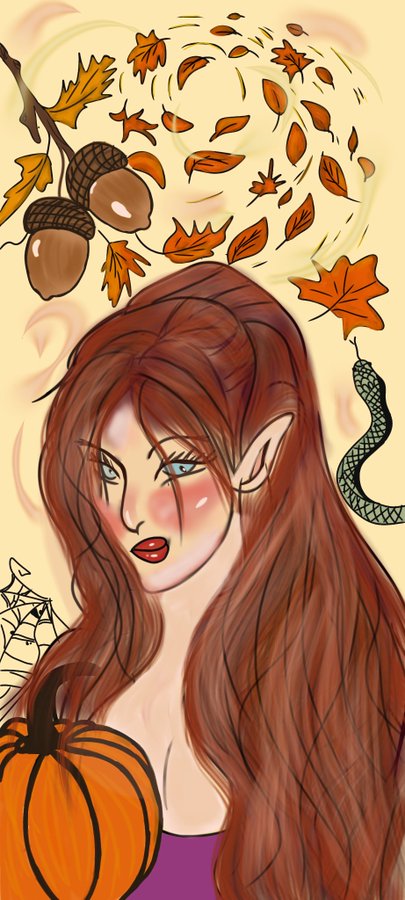 A digital illustration of an elf-like woman with long auburn hair, pointed ears, and red lipstick, surrounded by floating autumn leaves, acorns, a pumpkin, and a snake against a yellow background.