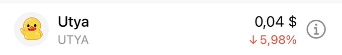 A cryptocurrency ticker for Utya (UTYA) showing a price of $0.04 with a 5.98% decrease, featuring a duck emoji as the token icon.