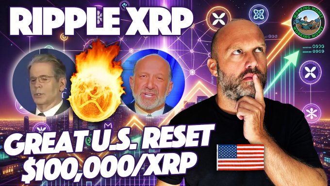 This image features "RIPPLE XRP" and "$100,000/XRP" text alongside images of men and a burning XRP logo, suggesting a potential economic "reset" that could significantly impact XRP.