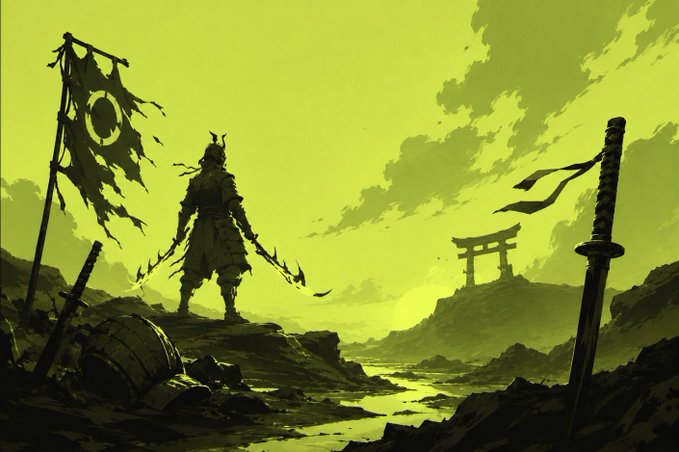 A samurai warrior holding dual blades stands on a rocky outcrop beside a torn banner and sword, with a torii gate visible in the distant haze against a yellow-green sky.