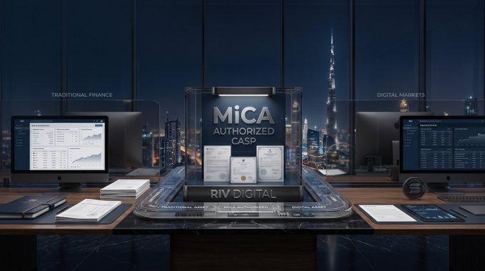 The image features a sleek office display with a central plaque reading "MiCA AUTHORIZED CASP" and "RIV DIGITAL," flanked by two monitors labeled "TRADITIONAL FINANCE" and "DIGITAL MARKETS," symbolizing the company's bridge between conventional finance and crypto services. The setup, set against a nighttime city skyline, visually reinforces the post's message of RIV Digital's MiCA authorization as a Crypto-Asset Service Provider operating across the EU.