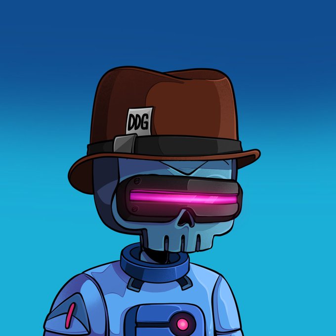 A cartoon-style illustration of a cyborg or robot character with a skull-like face, pink glowing visor, and brown fedora labeled 'DDG' against a blue background.