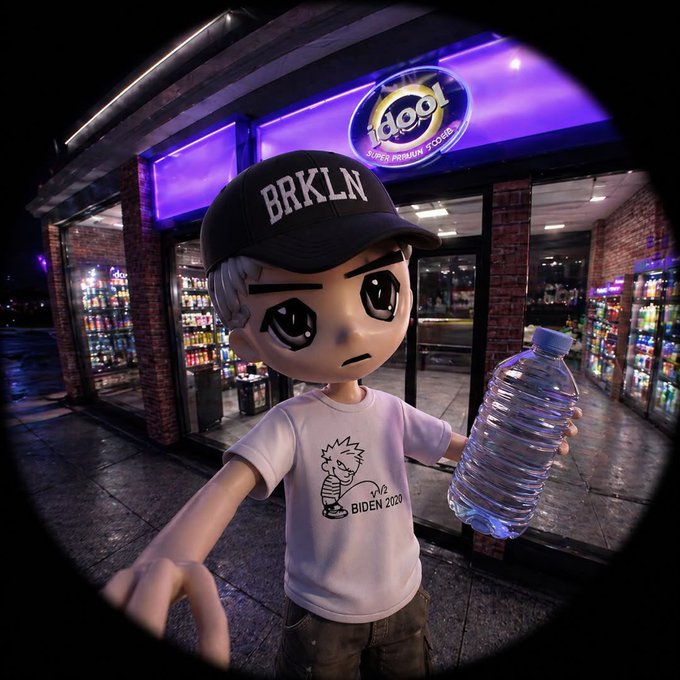 A stylized, cartoonish figure wearing a black 'BRKLN' cap and a white 'BIDEN 2020' t-shirt holding a water bottle, standing outside an 'iFood Super Premium Stores' location at night.