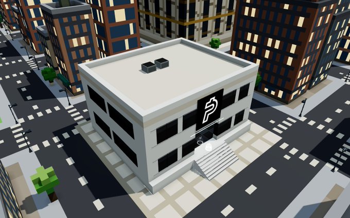 A 3D render of a white modern building with a 'P' logo on its facade, located at a street corner in a voxel-style city with blocky buildings and trees.
