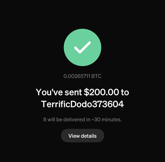 The image shows a screen of a website displaying an electronic signature for Bitcoins, with "You've sent $200,000 to TerificDodo37366044". The text below it reads "VIEW DETAILS", indicating that there is more information to explore about the Bitcoin transaction. The post also provides some context, stating that users who sent Bitcoins can receive rewards and congratulations via a special token called "MoonPaid". This token acts as a form of digital currency in this particular cryptocurrency exchange platform.