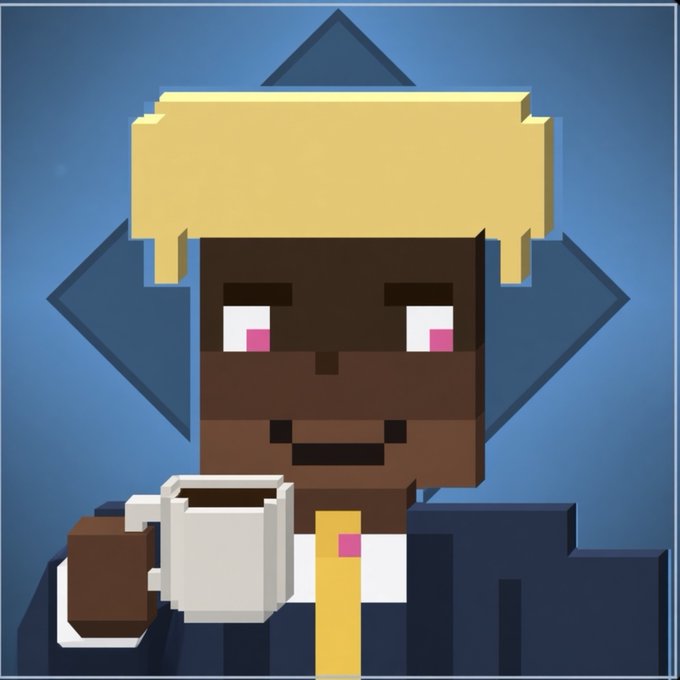 A Minecraft-style pixel art portrait of a dark-skinned character with blonde hair, pink eyes, and a dark suit, holding a coffee mug against a blue geometric background.