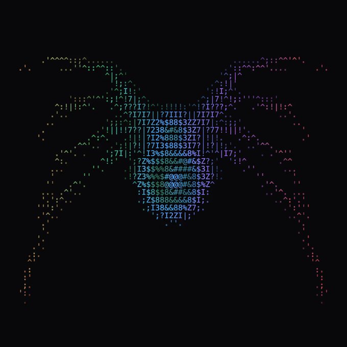 ASCII art in pastel rainbow hues forming the shape of a large pair of outstretched angel wings, constructed from characters like "?", "7", "I", "&", "$", "8", "Z", and "3" on a black canvas, referencing an upcoming mint teased by @0xNtrpy.