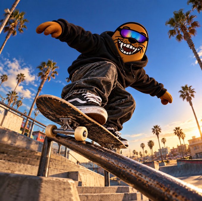 A skateboarder in a black hoodie with a graphic mask and reflective sunglasses grinds a rail at a skatepark lined with palm trees at sunset.
