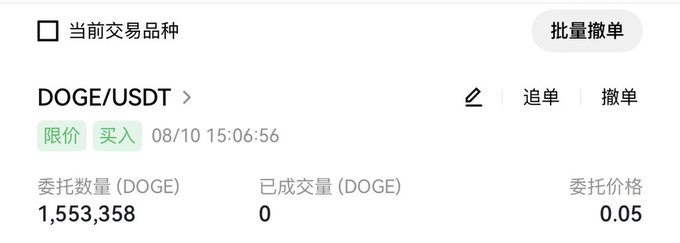 A cryptocurrency exchange order screen showing a DOGE/USDT limit buy order for 1,553,358 DOGE at 0.05 price with 0 filled volume, dated 08/10 15:06:56.