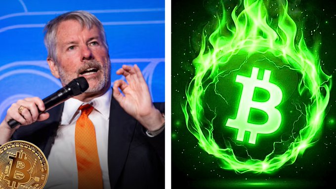 A split image featuring Michael Saylor speaking into a microphone on the left, and a Bitcoin logo engulfed in green flames on the right.