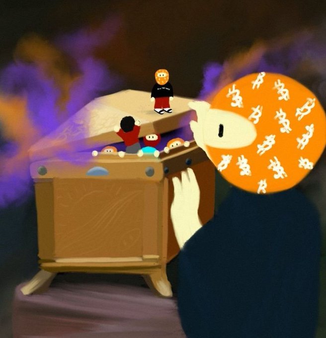 A stylized digital illustration depicting a figure wearing an orange Bitcoin-patterned mask reaching toward a wooden coffin containing small figures, surrounded by purple flames.