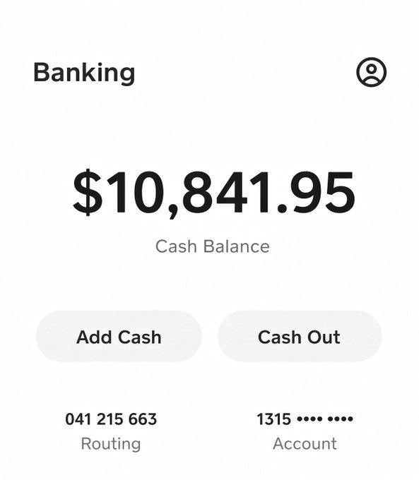 A mobile banking app screen showing a cash balance of $10,841.95, with options to 'Add Cash' and 'Cash Out', and displaying a routing number (041 215 663) and a masked account number (1315 •••• ••••).