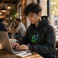 A young person with dark curly hair wearing a black hoodie with green accents, working on a silver laptop in what appears to be a cafe setting.