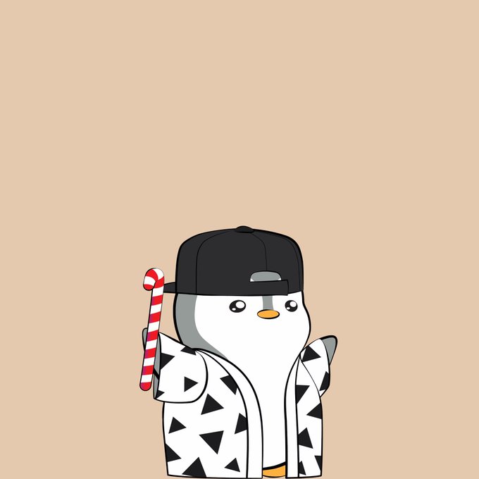 A cartoon illustration of a penguin wearing a black cap and a black-and-white patterned coat, holding a red and white striped candy cane against a beige background.