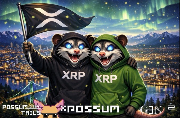AI-generated artwork featuring two possums wearing 'XRP' hoodies (one black, one green), with the black possum holding an XRP flag, set against a cityscape with aurora borealis and text 'POSSUM TAILS' and 'XPOSSUM'.