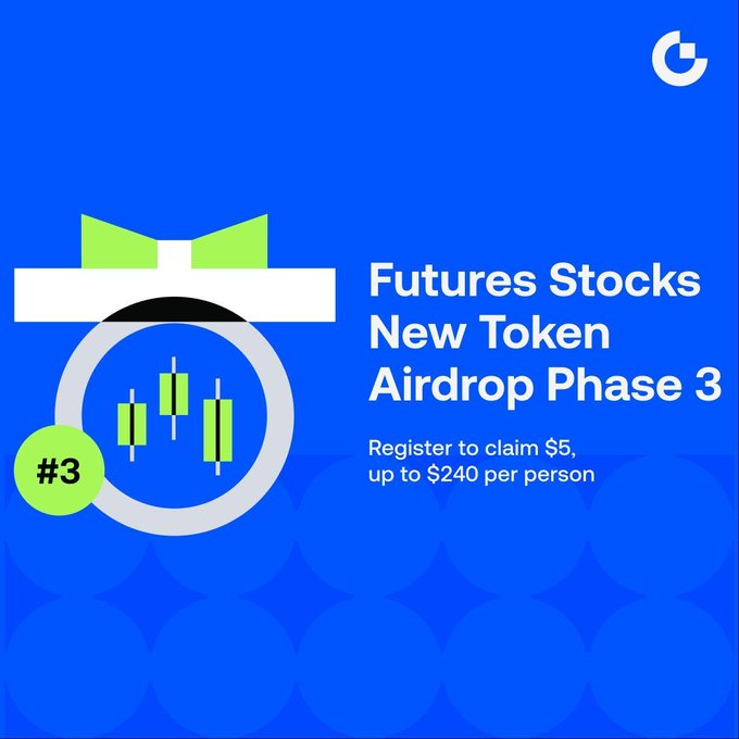 The image shows a poster for Gate Future's New token Airdrop phase 3 that focuses on trading opportunities, with the tagline "LIVE! Trade $NVO, $NOK, $ASTS, $INFQ, $CRWD!". The main visual element is an illustration of a green bow that has been cut out and pasted onto the poster. Below it, there are some numbers representing a currency exchange rate for different token values, such as 1 USDT, 5 USD, 10 USD, 25 USD, and 50 USD.