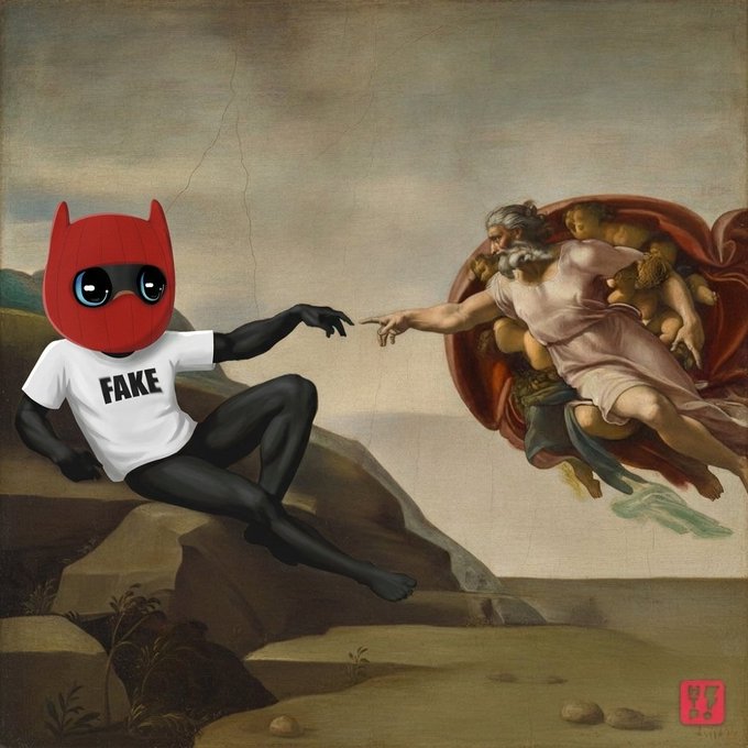 An artistic parody of Michelangelo's 'Creation of Adam' fresco, with one figure replaced by a character wearing a red devil-like mask and a shirt reading 'FAKE'.