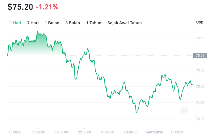 A stock chart showing SOL trading at $75.20, down 1.21% (red), over the last 24 hours, with prices ranging between approximately $74.00 and $76.50. The chart visually supports the caption, illustrating SOL's 1.11% decline to $75.04 while the $74 level remains clearly visible as a key support zone on the lower end of the price range.