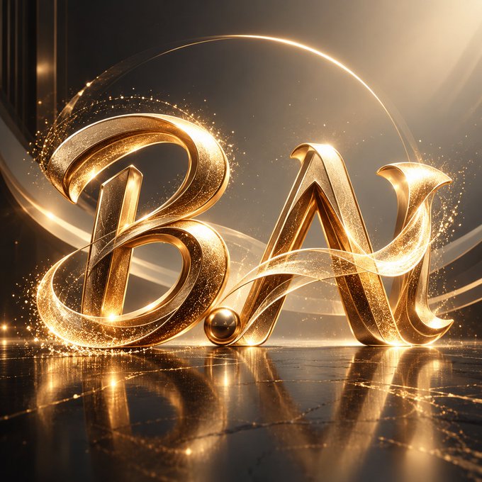 A luxurious 3D rendering of the letters 'BA' in sparkling gold with flowing light trails and reflections on a polished surface.