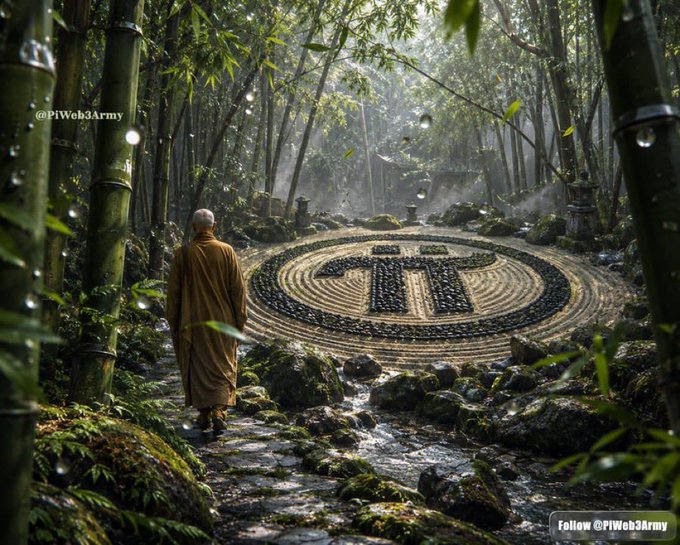 A monk in saffron robes approaches an intricate stone mandala in a misty bamboo forest, with the watermarks "@PiWeb3Army" and "Follow @PiWeb3Army" visible in the corners. The image evokes the post's message of decentralized community strength, symbolizing how Pi's network—like the mandala—is built and maintained through collective effort rather than a single authority, embodying resilience and shared purpose.