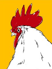 A stylized illustration of a rooster's head and shoulders with a bright red comb and wattle against a solid yellow background.