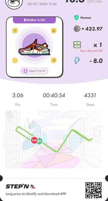 A STEP'N app activity screenshot showing a 3.06 km walk completed in 00:40:54 with 4351 steps, featuring a 'Walker Lv20' sneaker NFT.