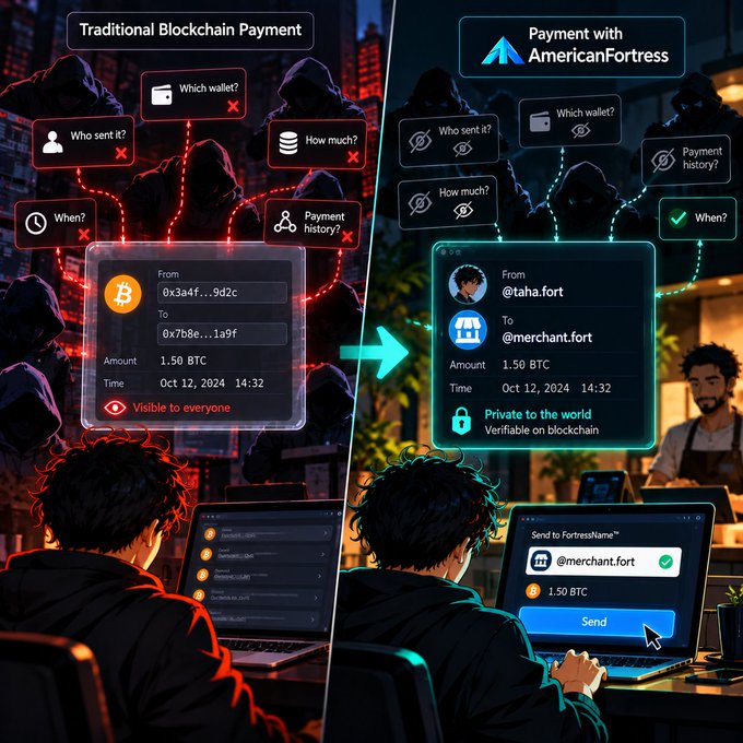 A split-screen digital illustration comparing 'Traditional Blockchain Payment' (with hooded figures and exposed data) versus 'Payment with AmericanFortress' (showing private, verifiable transactions).