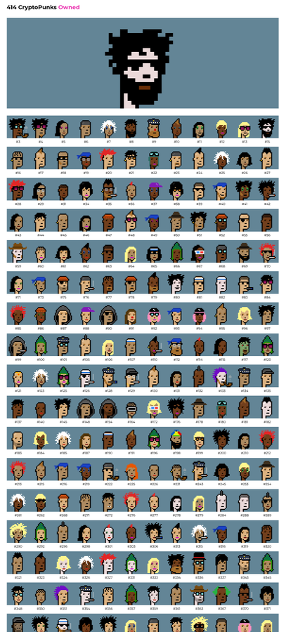 A screenshot titled '414 CryptoPunks Owned' displaying a grid of numerous CryptoPunk NFT characters, with one large punk featured at the top.