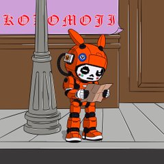 A pixel art illustration of a small character in an orange tiger costume holding a clipboard, standing on a sidewalk next to a lamppost with 'KOFORHOFB' visible in the background.