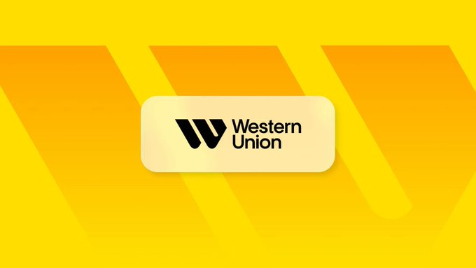 The Western Union logo is displayed on a cream-colored badge against a yellow background featuring orange chevron arrows, accompanying news of the company's launch of a Solana-based USDPT wallet and Visa card in partnership with Rain.
