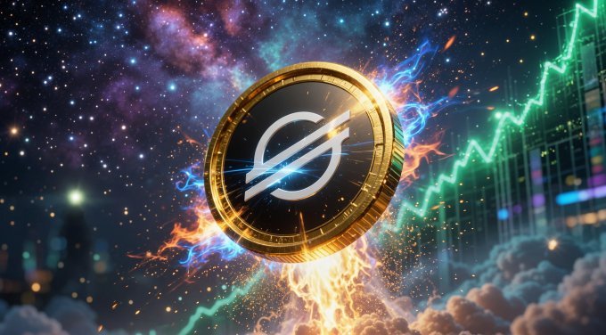 The image features a golden coin with a white "X" on top, surrounded by a vibrant explosion of colors and lights. The background shows a city skyline under a starry sky, creating an otherworldly atmosphere. The caption reads "XLM Regains Market Attention as Risk-On Sentiment Drives Capital Inflow As geopolitical tensions continue to ease", indicating that the cryptocurrency market is experiencing a new risk-on phase due to increased investor confidence and capital flow.