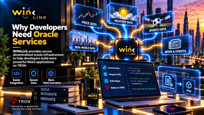 Promotional banner for WINkLink titled 'Why Developers Need Oracle Services,' describing WINkLink as a decentralized oracle infrastructure for Web3 apps on TRON, featuring icons for Price Data, Weather Data, Sports Data, Real-World Data, and News & Events.