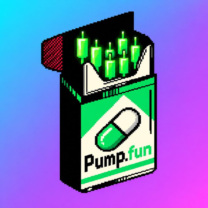 A pixel art illustration depicts an open pack of 'Pump.fun' pills emerging from a box, featuring green and white capsules against a blue and purple gradient background.