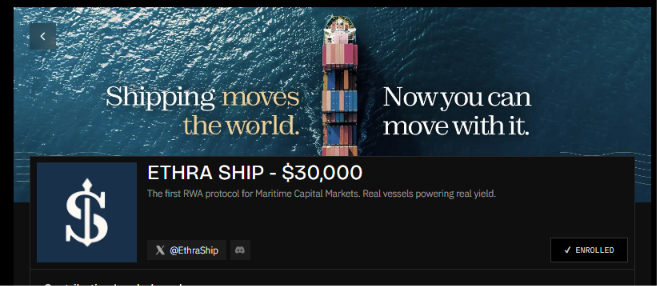 An advertisement for ETHRA SHIP priced at $30,000, described as the first RWA protocol for Maritime Capital Markets, featuring the tagline 'Shipping moves the world. Now you can move with it.'