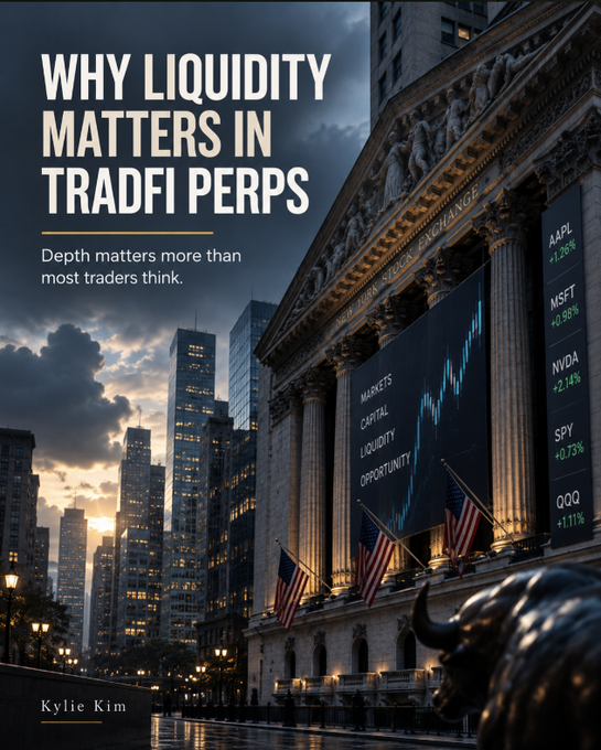 A financial-themed graphic titled 'WHY LIQUIDITY MATTERS IN TRADFI PERPS' showing the New York Stock Exchange building with a stock chart and ticker symbols AAPL, MSFT, NVDA, SPY, and QQQ with their percentage changes, credited to Kylie Kim.