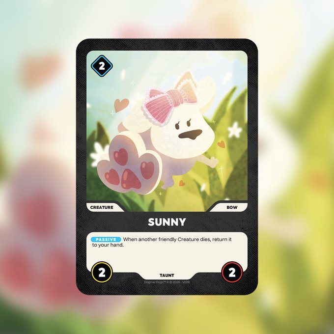 A digital trading card titled 'SUNNY' featuring a cute white cat-like creature with a pink bow in a grassy setting; the card shows a cost of 2, a passive ability that returns a friendly Creature to your hand when it dies, and stats of 2 attack and 2 health.