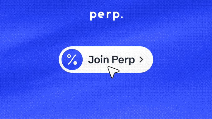 A promotional graphic with a blue background displaying the 'perp.' logo at the top and a white button reading 'Join Perp' with a cursor hovering over it.