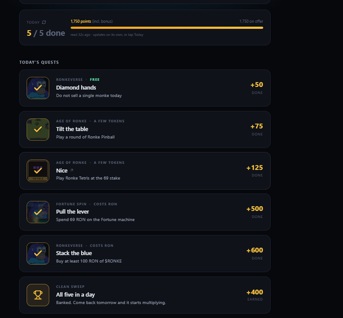 A 'TODAY'S QUESTS' dashboard displays completed tasks like 'Diamond hands', 'Tilt the table', and 'Stack the blue', with point rewards and 'DONE' status indicators.