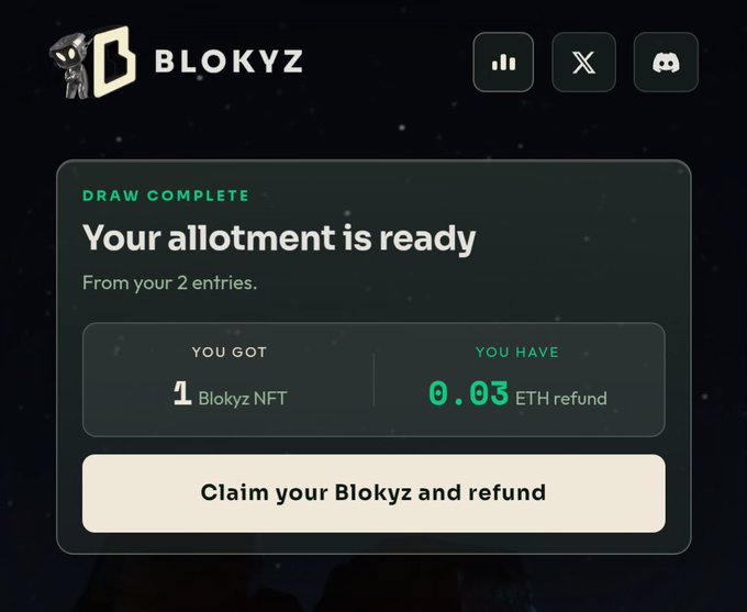 A "Draw Complete" notification from Blokyz confirming the user won 1 Blokyz NFT from 2 entries, with 0.03 ETH refund available to claim, illustrating the lucky giveaway outcome described in the post.