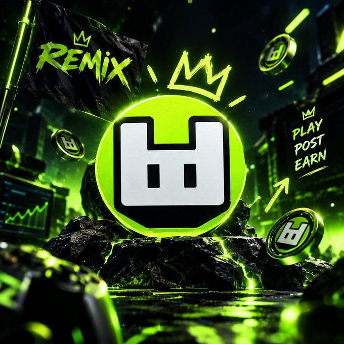 A promotional graphic features a glowing green crown-themed logo surrounded by floating coins, with a flag reading 'REMIX' and text stating 'PLAY POST EARN'.