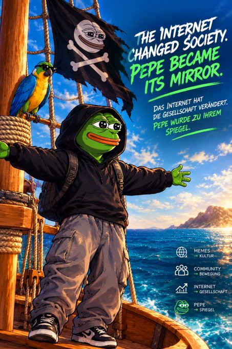 A digital illustration depicts a green Pepe character wearing a hoodie and cargo pants standing on a pirate ship with a skull flag and a blue parrot, alongside the text 'THE INTERNET CHANGED SOCIETY. PEPE BECAME ITS MIRROR.' and the German translation.