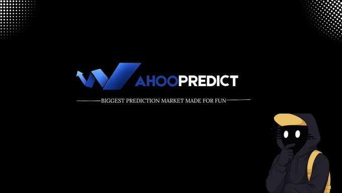Logo for WAHOOPREDICT with the tagline 'BIGGEST PREDICTION MARKET MADE FOR FUN' alongside a hooded cartoon mascot.
