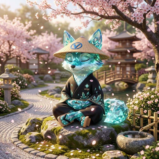 A crystal fox mascot wearing a conical hat with the "V" VIN logo meditates peacefully in a serene Japanese garden surrounded by cherry blossoms, with "YFSX" visible on its robe, symbolizing the harmony and tranquility of the YFSX & VIN dual token DeFi ecosystem on BSC.