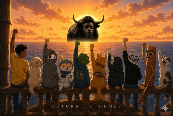 A lineup of popular internet meme characters and personalities—including a crying Shiba, Pepe, Doge, Wojak, Trollface, and a horned figure—sit with their backs to the viewer, fists raised toward the sunset over the ocean, with the text "RETURN TO MEMES" displayed at the bottom, echoing the post's call to bring memes back to the forefront.