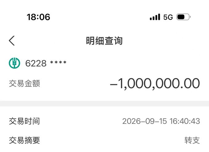 A mobile banking app screenshot showing a transaction detail page in Chinese (明细查询) with a transaction amount of -1,000,000.00 on 2026-09-15 at 16:40:43, marked as a transfer (转支) from an account ending in 6228.
