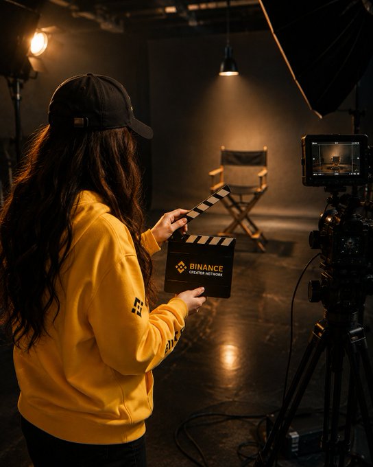A creator in a yellow Binance-branded hoodie holds a clapperboard labeled "BINANCE CREATOR NETWORK" while filming with a professional camera in a studio setting. The image illustrates the video creation process, tying directly to the post's invitation for aspiring creators to join Binance's creator program with masterclasses and challenges.