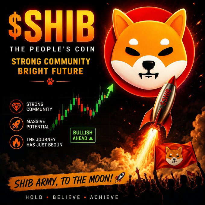 The graphic is a bold promotional poster for $SHIB (Shiba Inu), featuring the iconic Shiba dog logo, a soaring rocket with flames, and a candlestick chart labeled "BULLISH AHEAD," along with phrases like "THE PEOPLE'S COIN," "STRONG COMMUNITY BRIGHT FUTURE," and "SHIB ARMY, TO THE MOON!" It visually reinforces the message of community strength and the potential for a rapid price surge when momentum returns, matching the post's call for patience and readiness within the #SHIBArmy.