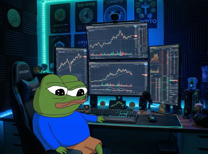 A digital illustration of a cartoon Pepe the Frog character wearing a blue shirt, sitting at a multi-monitor cryptocurrency trading setup with 'CRYPTO' themed posters on the wall.
