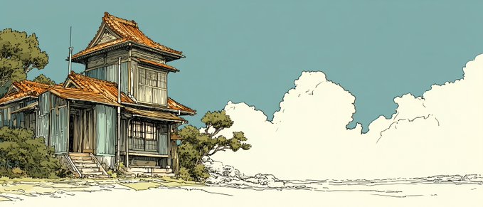 A stylized illustration of a weathered, multi-tiered traditional Japanese wooden house with a rusted roof, set against a teal sky with billowing white clouds.