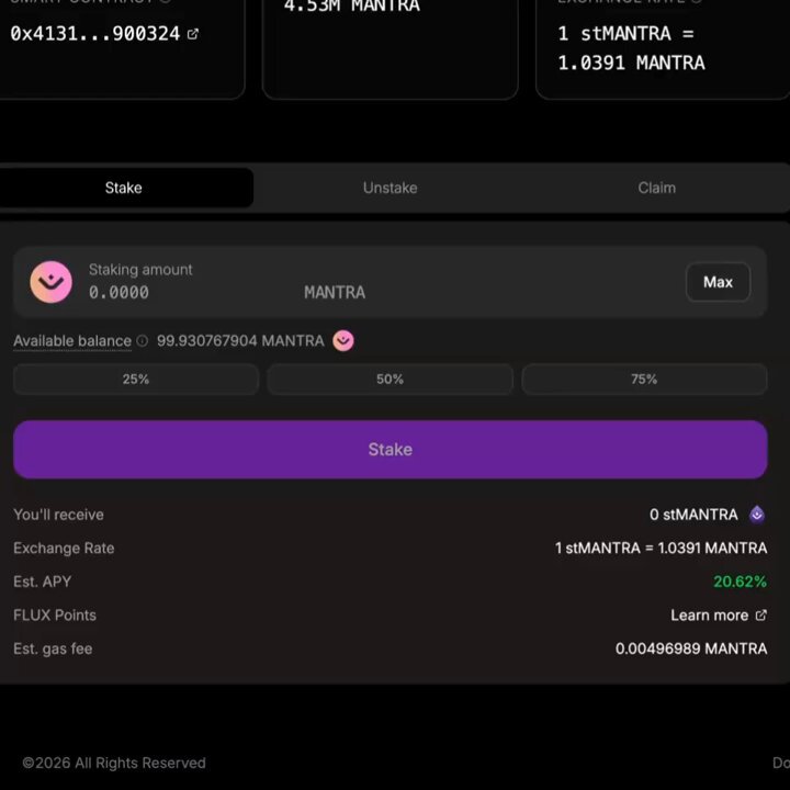 The image shows a screen from an e-commerce website, where someone is attempting to stake their $MANTRA (currency for Mantra) asset. The action being taken is called "staking", which essentially allows users to exchange their digital asset in exchange for liquidity and potentially additional funds. In the description provided by the website, it seems that the staked amount is $6.38B and a maximum stake amount of $93.36B is available on this particular platform. The user's sentiment towards this process can be seen in the smiley face icon displayed above the stake amount.
